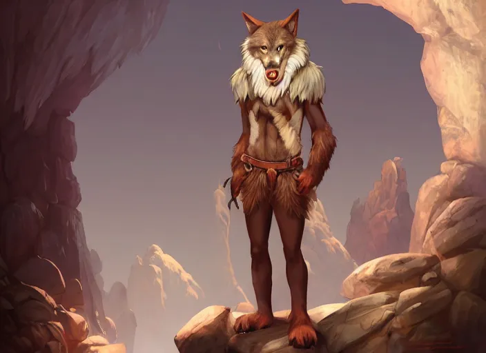 Prompt: character portrait feature of the anthro male anthropomorphic wolf fursona animal person wearing tribal primitive caveman outfit belt standing in the entrance to the cave, well framed character design stylized by charlie bowater, ross tran, artgerm, makoto shinkai, detailed, soft lighting, rendered in octane