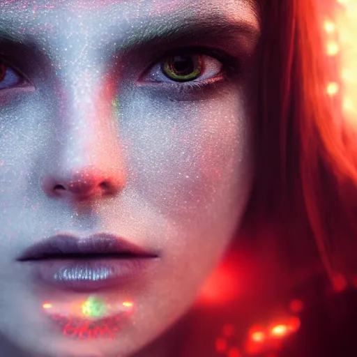 Image similar to artistic portrait of a female demon, art by alessio albi 8 k ultra realistic, pitchfork, lens flare, atmosphere, glow, detailed, intricate, full of color, led lighting, trending on artstation, 4 k, hyperrealistic, 3 5 mm, focused, extreme details, unreal engine 5, masterpiece