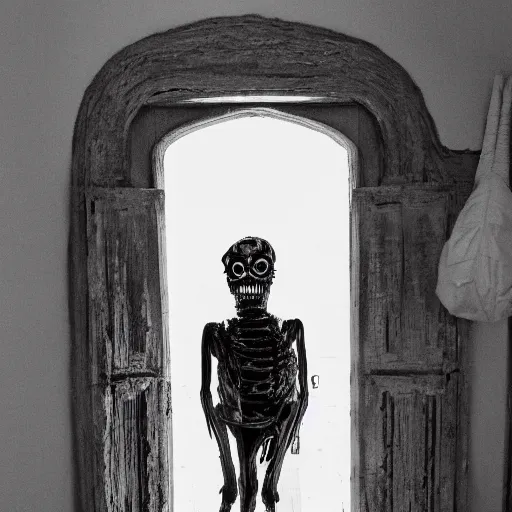 Prompt: photo of nightmare fuel peering round a doorway