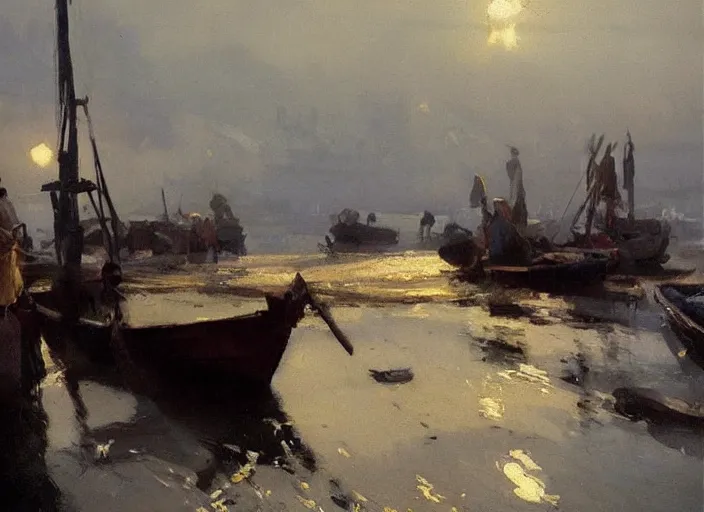 Image similar to oil painting of fishing village in dawn by anders zorn, wonderful art by greg rutkowski, incredible lighting, shadows, beautiful cinematic light, american romanticism by greg manchess, very bright and optimistic, warm and cold contrast, heat and freezing