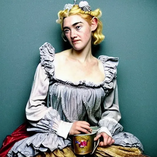 Prompt: A 16th century, messy, silver haired, (((mad))) elf princess (look like ((young Kate Winslet))), dressed in a frilly ((ragged)), wedding dress, is ((drinking a cup of tea)). Everything is underwater! and floating. Greenish blue tones, theatrical, (((underwater lights))), high contrasts, fantasy water color, inspired by John Everett Millais's Ophelia