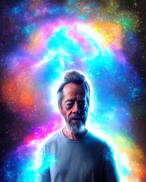 Image similar to alan watts floating in a nebula explosion wormhole portrait painting highly detailed procreate, 3d render senior artist, photorealistic, textured, featured on artstation