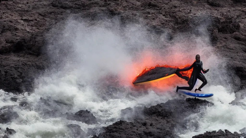 Image similar to person wearing a sponsored team jersey with logos surfing down a river of lava on the side of a volcano on surfboard, action shot, dystopian, thick black smoke and fire, sharp focus