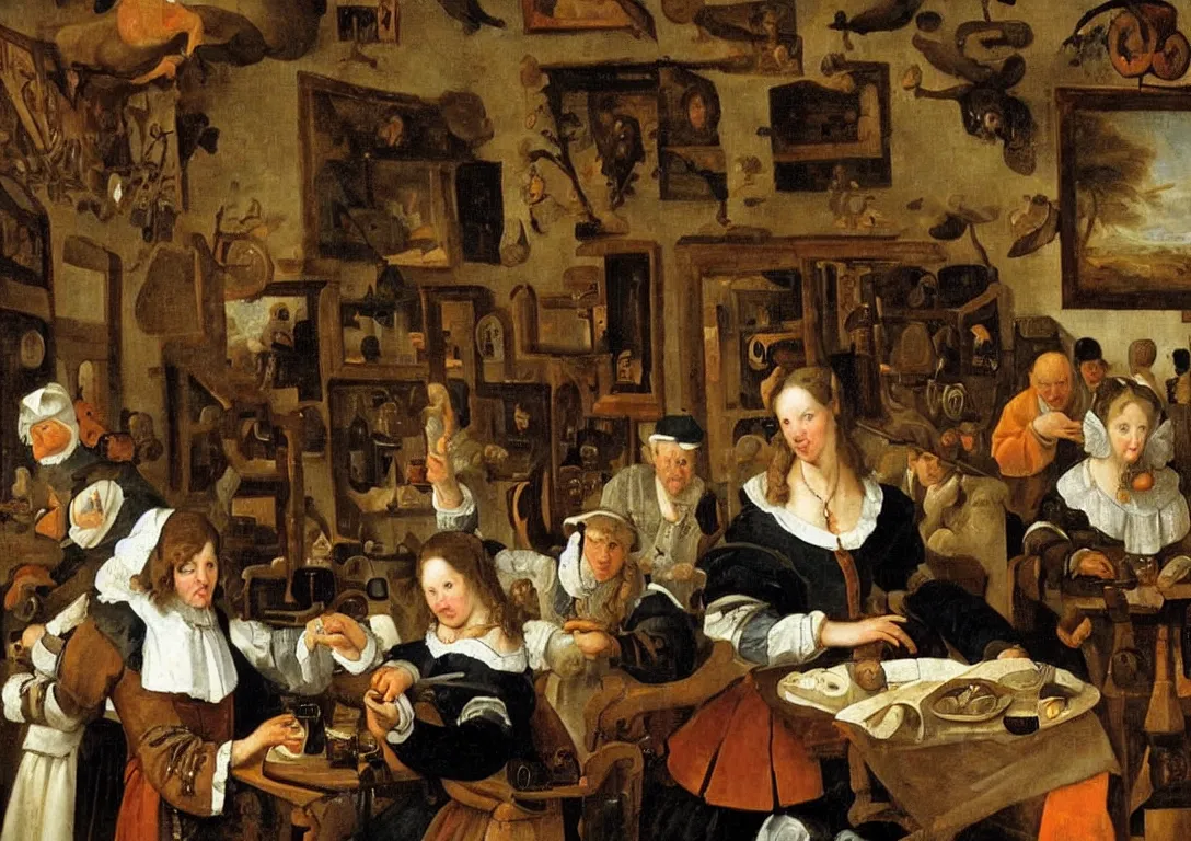 Prompt: Jan Steen. One Beautiful woman looking at us. Goose. Netherlands tavern. Ultra detailed.