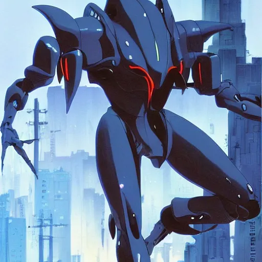 Prompt: anime screenshot of a sleek, slender, human - scale mecha suit defending the city streets, designed by hideaki anno, drawn by tsutomu nihei, and painted by zdzislaw beksinski