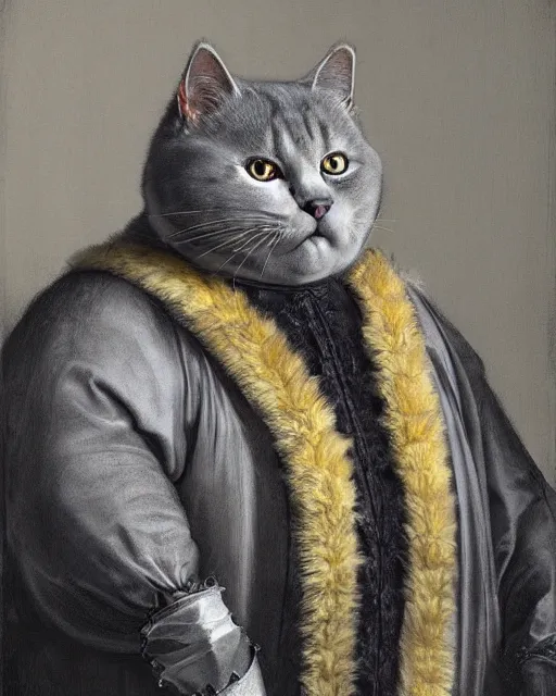 Image similar to fat gray cat with yellow eyes dressed like henry viii, tudor period menswear, hans holbein the younger, greg rutkowski, royal portrait, painting