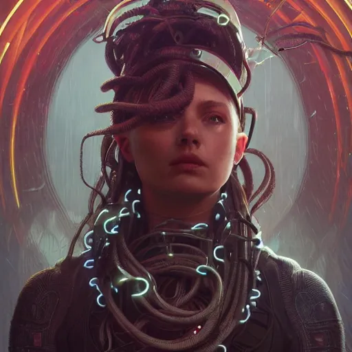 Image similar to portrait of Medusa with vr headset, cyberpunk, thick cables on the head, futuristic hi-tech details, ominous, intricate, art by anthony macbain + greg rutkowski + alphonse mucha, concept art, 4k, sharp focus, cinematic unreal engine