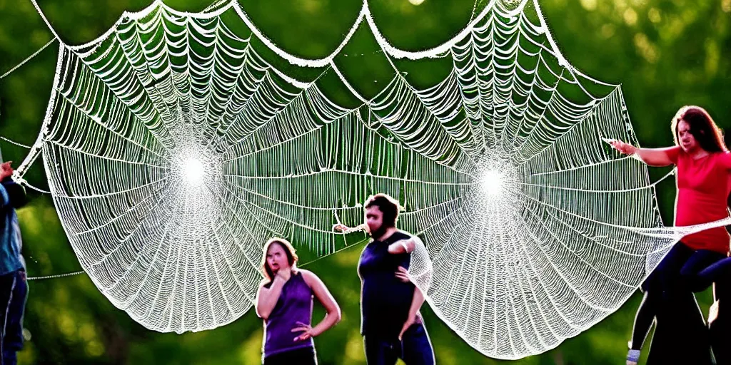 Image similar to people stuck in a spiderweb, in the style of bach