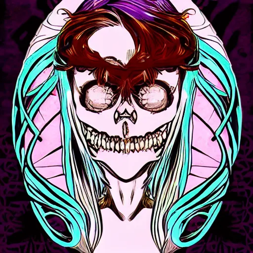 Prompt: anime manga skull portrait young woman hair Joker comic skeleton illustration style by Alphonse Mucha warhol pop art nouveau