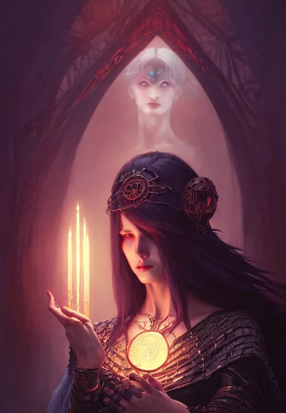 Image similar to Necromancer Sorceress in center, fantasy magic, undercut hairstyle, dark light night, intricate, elegant, sharp focus, illustration, highly detailed, digital painting, concept art, matte, art by WLOP and Artgerm and Greg Rutkowski and Alphonse Mucha, masterpiece