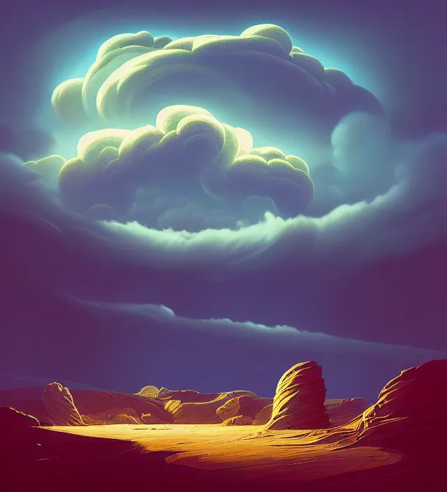 Prompt: a 🌊 swirling in the sky above a barren 🏜 by ivan shishkin and zacharias aagaard and simon stalenhag and dan mumford, chiaroscuro, tonalism, sfumato, high saturation, retrowave