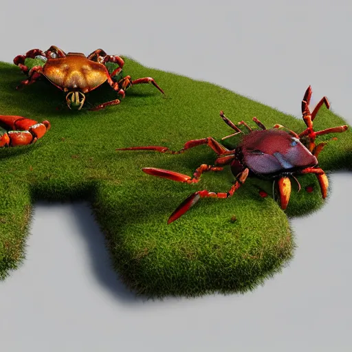 Image similar to voidless of the festival, large group of crabs and worms, crawling along a bed of moss, low poly, creeper world, handcrafted, artstation, hyperrealistic, hard light, best practices, creeptastic, photorealism, macro perspective, cuddly