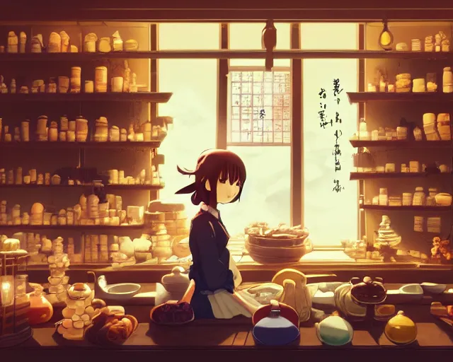 Image similar to anime visual, portrait of a young female traveler in a alchemist's shop interior, cute face by yoh yoshinari, katsura masakazu, studio lighting, dynamic pose, dynamic perspective, strong silhouette, anime cels, ilya kuvshinov, cel shaded, crisp and sharp, rounded eyes, moody