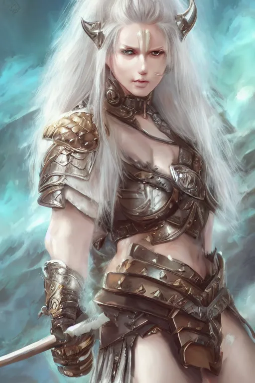 Image similar to A realistic anime portrait of a white haired female barbarian wearing an intricate armor, digital painting, by Stanley Artgerm Lau, Sakimichan, WLOP and Rossdraws, digtial painting, trending on ArtStation, SFW version