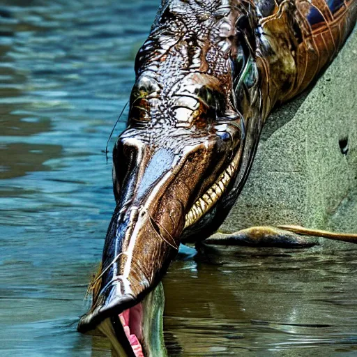 Prompt: a curious indian gharial eating fish for breakfast digital art, artstation, colorful n 9