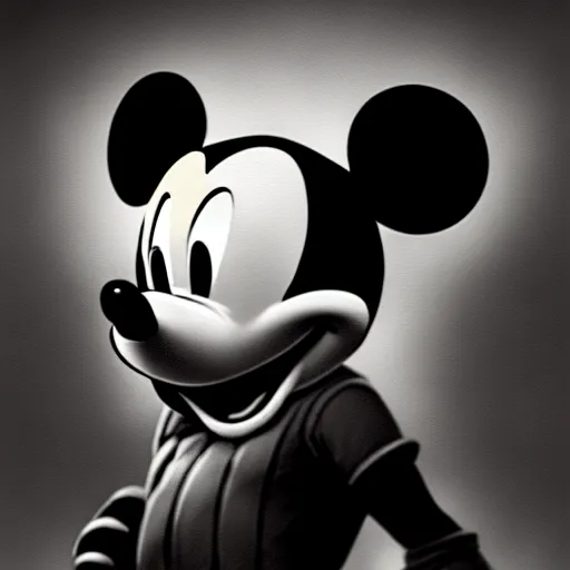 Image similar to mickey mouse warrior, painting portrait, desaturated, chiaroscuro, extremely detailed, artstation, cinematic