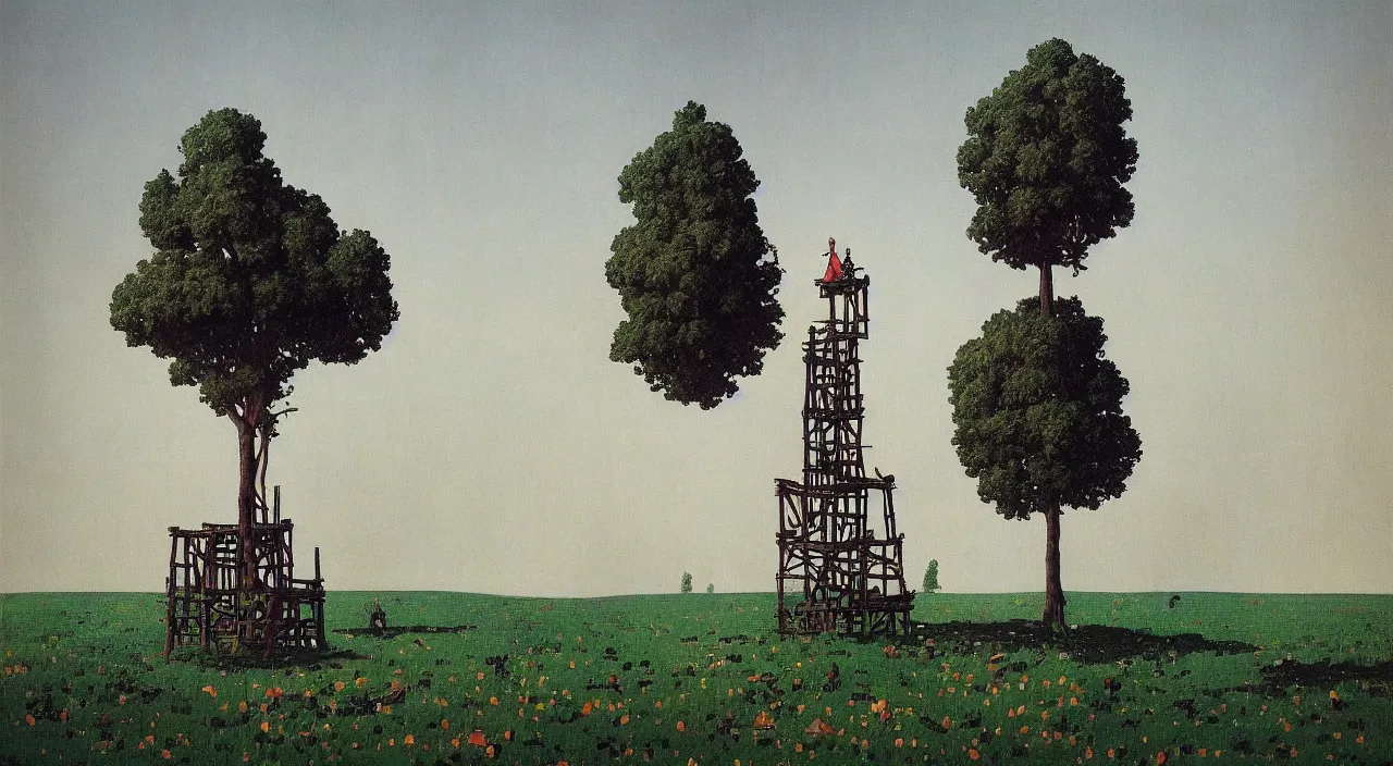 Image similar to single flooded simple wooden tree tower!, very coherent and colorful high contrast!! masterpiece by rene magritte simon stalenhag carl spitzweg syd mead norman rockwell edward hopper james gilleard, minimalist, dark shadows, sunny day, hard lighting