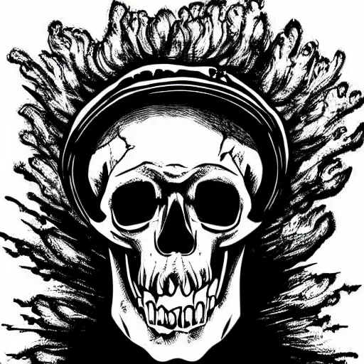 Prompt: a person with a mushroom cloud instead of a head, skull explosion, dark, fine detail heavy metal gritty style