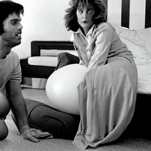 Image similar to still from a 1980 French film about a depressed housewife wearing an inflatable toy as she meets a handsome younger man in a seedy motel room