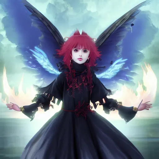 Prompt: young vampire princess witch summons with burning wings 4 k high definition dramatic lighting artstation trending path traced contrast light and dark cinematic breathtaking by dore, gustave and noriyoshi ohrai