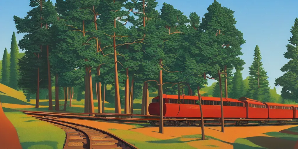 Prompt: tall bridge for trains, in the forest, blue sky, summer evening, kenton nelson