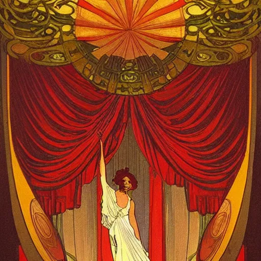 Image similar to flowing theatre red curtains, centered radial design, gold art nouveau graphic elements, painting by mucha, beautiful lighting