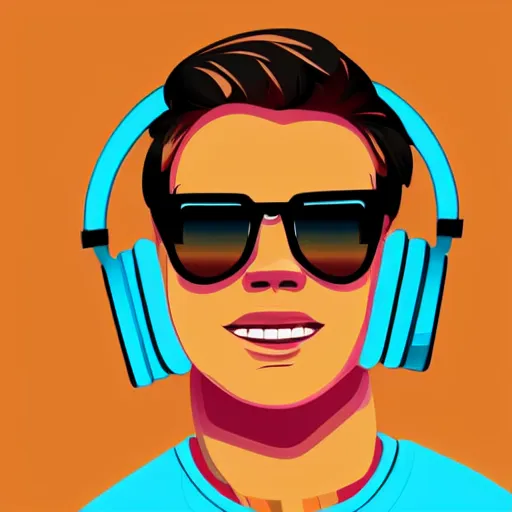 Prompt: a closeup of a boy with headphones and sunglasses, positive mood, low energy in retro colors, synthwave style, 2 d digital vector art