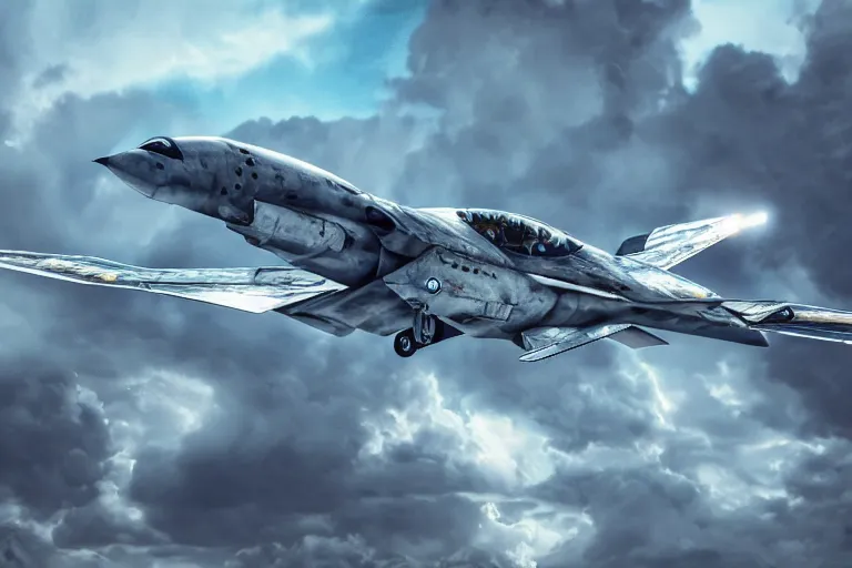 Prompt: a futuristic fighter aircraft, worn paint, action shot, motion blur, thunderclouds in the background, intricate details, intricate textures, blue tint, realistc octane render, hyper realistic render, volumetric shading, depth of field, soft lighting, 8k