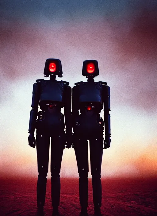 Image similar to cinestill 5 0 d photographic portrait of two loving female androids wearing rugged black techwear on a desolate plain with a brutalist monument and a red sky, extreme closeup, cyberpunk style, dust storm, 8 k, hd, high resolution, 3 5 mm, f / 3 2, ultra realistic faces, ex machina