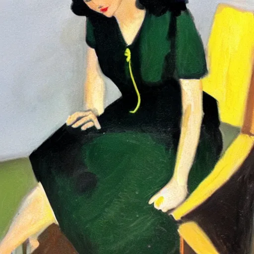 Prompt: a close up of a young woman from the fifties, seated in front of a landscape background, her black hair is a long curly, she wears a dark green dress, pleated in the front with yellow sleeves, puts her right hand on her left hand, oil painting