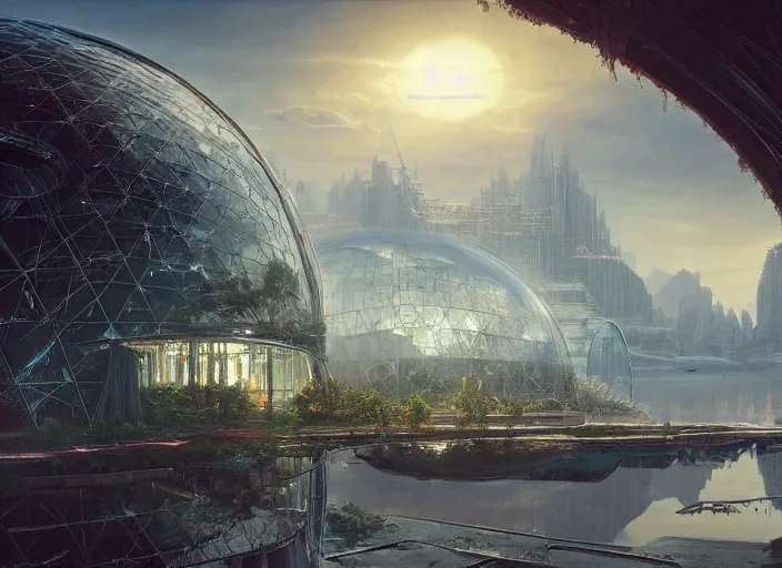 Image similar to highly detailed digital matte painting of a beautiful biodome, by Raphael LaCoste and Ruan Jia and Robert McCall, postcyberpunk, geodesic dome, hyperdetailed, sunrise, wide shot, autochrome, octane render