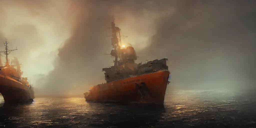 Image similar to abandoned warship in arctic, orange glow, puddles of water, by greg rutkowski and asher brown durand, atmospheric, wide shot, high definition, high detail, foreboding, artstation, foggy