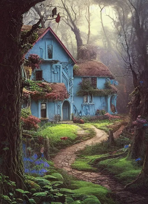 Image similar to hyper realistic homely ornate modern witch cottage distant down a path in the woods gorgeous lighting, blue sky, highly detailed, lush forest by zdzisław beksinski and norman rockwell and greg rutkowskiweta studio, and lucasfilm