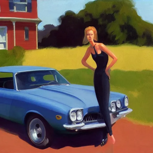 Prompt: Character portrait with car, dated a woman that lived on Cooterneck Road, She had a catfish Camero and was cooler than me, by Edward Hopper, Bo Bartlett, and Cynthia Sheppard, Artstation