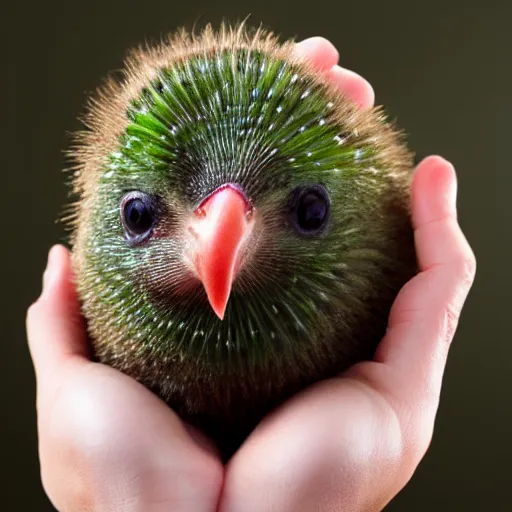 Prompt: realistic photograph of a kiwi bird holding a kiwi fruit, studio lighting, high quality, award winning