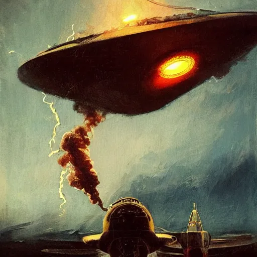 Image similar to a russian spaceship stuck in the ground, the spaceship is on fire, smoke, rainstorm, lightning, angry, kinetic, john sargent, adolphe bouguereaum, norman rockwell, style by peter deligdisch, concept art by jama jurabaev, trending on artstation, highly detailed oil painting,