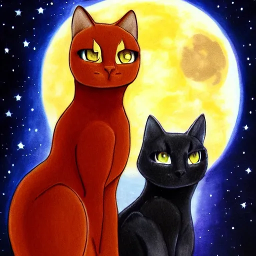 Prompt: Firestar and Ravenpaw sitting next to each other looking into the Moon, Warrior cats, Back side view, Erin Hunter, illustration of 2 cats, trending on artstation, beautiful Paintings