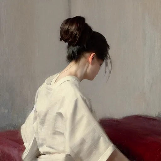 Image similar to girl with pony tail, in kimono, backview, sitting on edge of bed, by jeremy lipking, tim rees, joseph todorovitch, 8 k, sharp, detailed, high quality