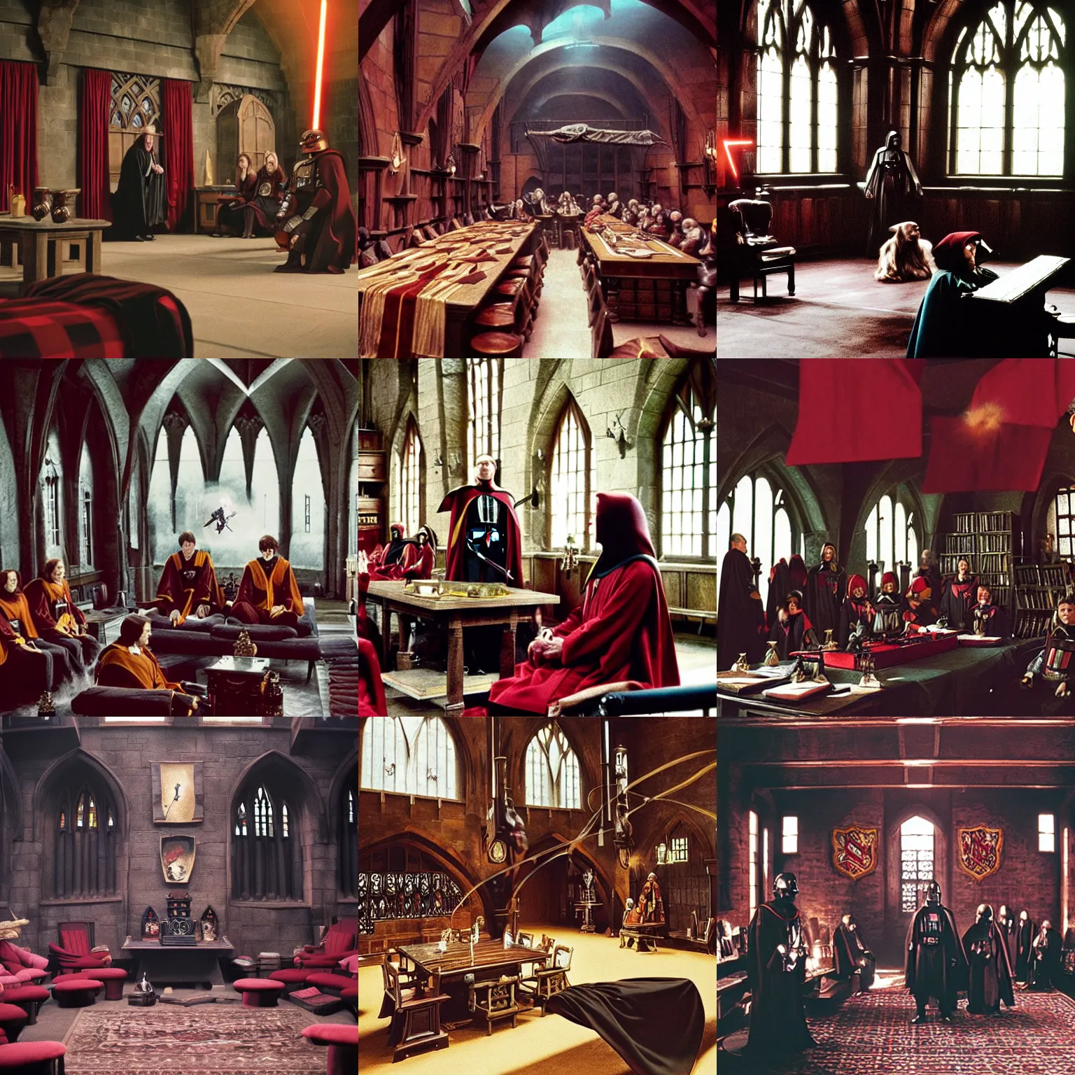 Prompt: hogwarts gryffindor common room, darth vader is blasting lightning, film still