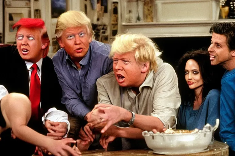 Image similar to Angelina Jolie, boris johnson, The Alien from the movie 'Alien', dolly parton, donald trump are best friends, on set of Friends TV show, still photo, hyperrealistic, 35mm, 8k, by weta digital