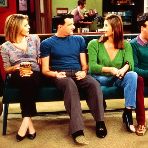 Image similar to still image from friends season 3 coffee shop green couch small cosy new york hd realistic