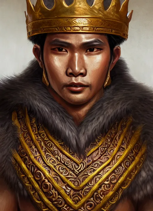 Image similar to king ramkhaheang, close portrait, historical, ethnic group, traditional tai costume, bronze headset, leather shoulder armor, fantasy, intricate, with leather armor cross onbare chest, elegant, loin cloth, highly detailed, oill painting, artstation, concept art, matte, sharp focus, illustration, hearthstone, art by earl norem