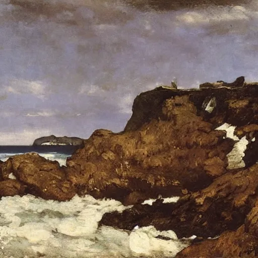 Image similar to Politics aside, a common view of late Courbet is that he became a kind of ''official'' realist painter, increasingly concentrating on inoffensive landscapes and seascapes for a bourgeois clientele.