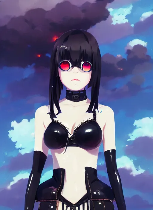 Image similar to portrait of cute goth girl in latex clothes, cloudy sky background lush landscape illustration concept art anime key visual trending pixiv fanbox by wlop and greg rutkowski and makoto shinkai and studio ghibli and kioto animation