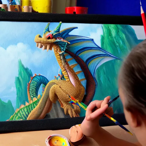 Prompt: a dragon is painting on an esel canvas, by Pixar, 8k