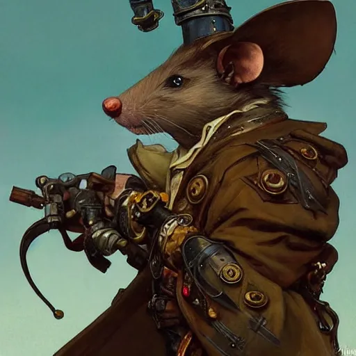 Image similar to anthropomorphic rat steampunk warrior. Renowned character illustration by greg rutkowski, thomas kindkade, alphonse mucha, loish, norman rockwell. Trending on furaffinity.
