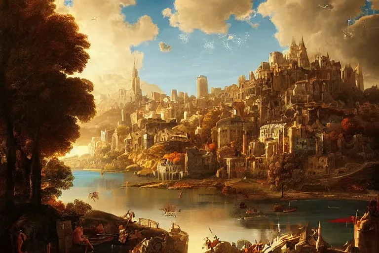 Image similar to beautiful city landscape mythology, fantasy, landscape background, vivid colors, digital painting, very detailed, realistic, high quality, by claude lorrain