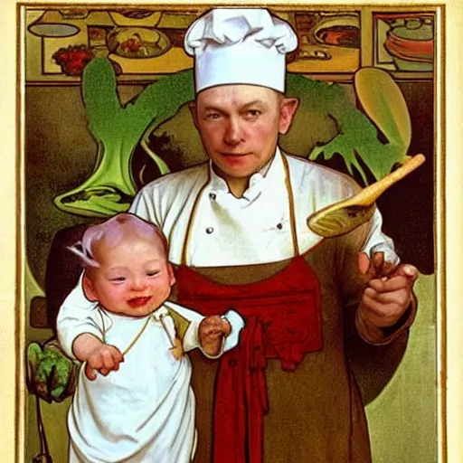 Image similar to baby yoda as a chef wearing a white apron and wearing a white chef's hat, by Jan van Eyck, by alphonse mucha