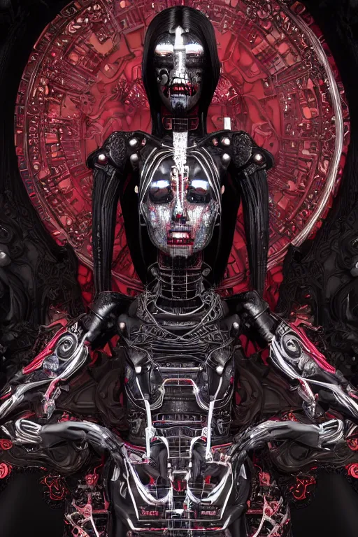 Prompt: full-body cyberpunk style sculpture of a young beautiful dark priestess, half android with a head opening exposing circuitry, glowing red eyes, black roses, flowing blood red colored silk, fabric, candles. baroque elements, human skull. full-length view. baroque element. intricate artwork by Caravaggio. crows flying in background. Trending on artstation, octane render, cinematic lighting from the right, hyper realism, octane render, 8k, depth of field, 3D