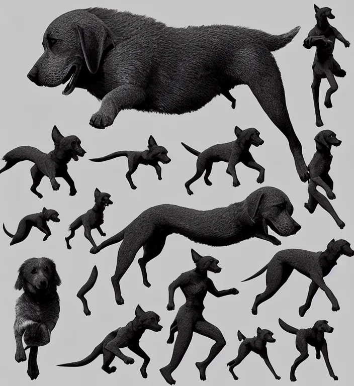 Prompt: monochromatic color scheme!! game asset of dog poses, dog anatomy art, running, jumping, in the style of richard schmidbauer, autumn rain turkel, rick dai, yolie leif, adam moore, kitbash, military, contra, call of duty, battlefield, contra, artstation, pinterest, deviantart, aseprite, photoshop,